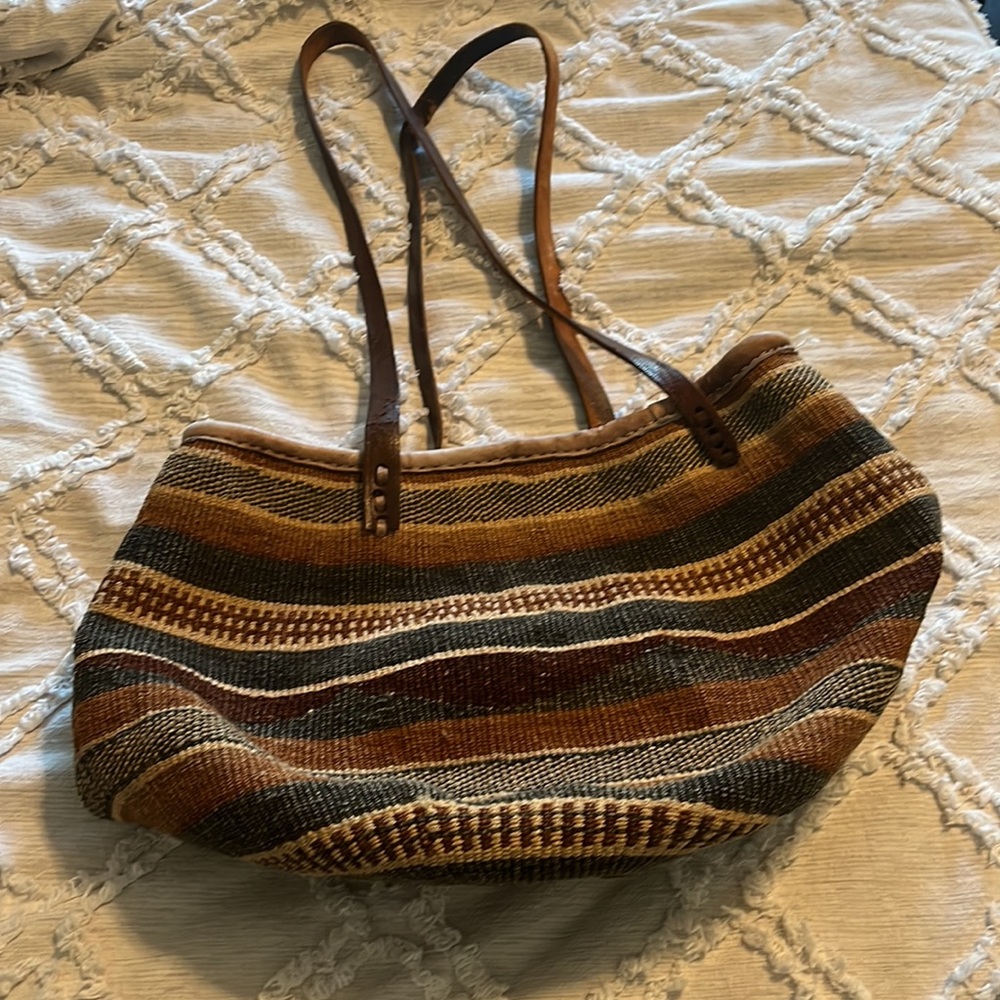 Woven and leather strap beach bag